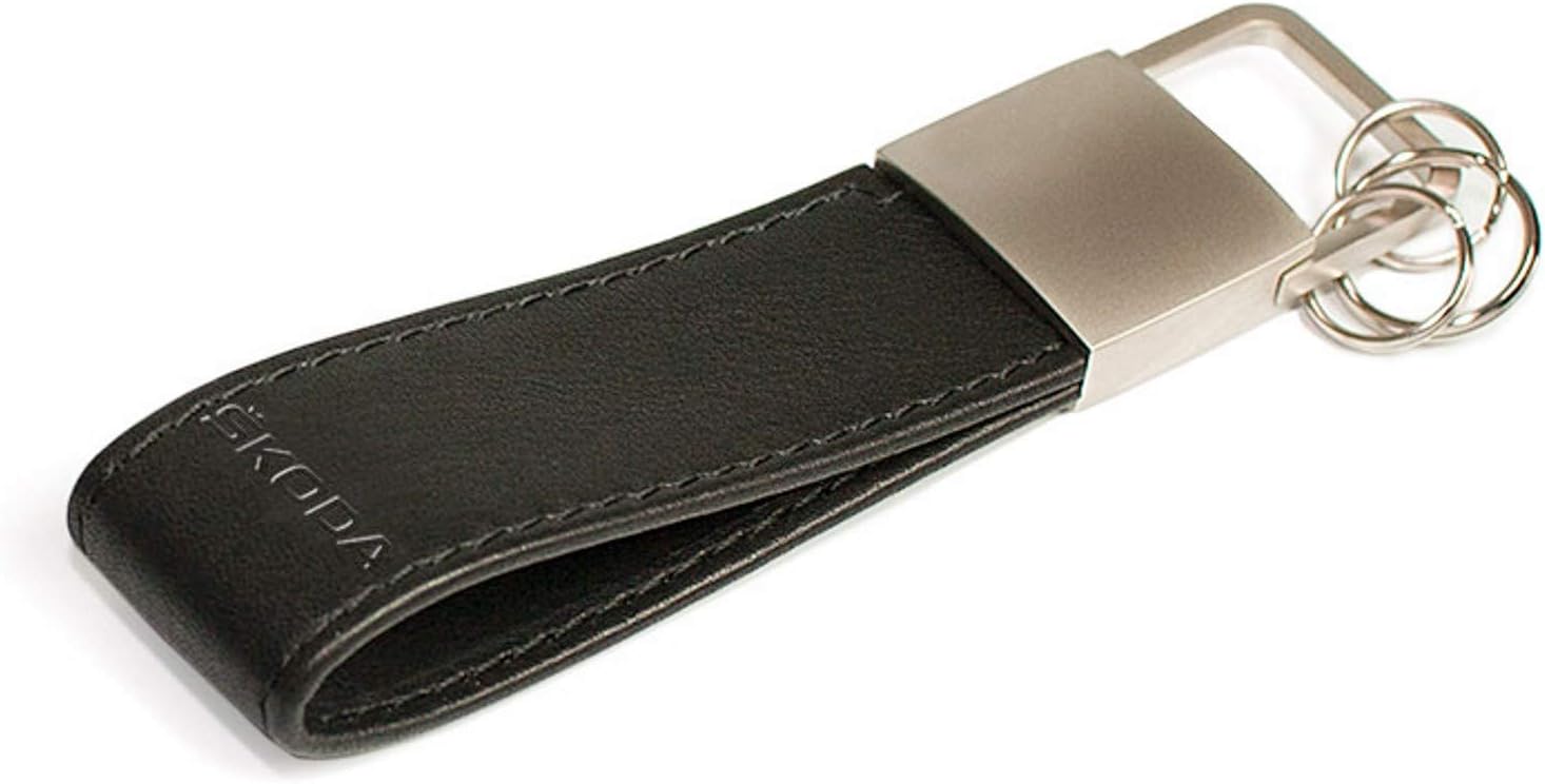 Skoda Schlüsselanhänger Leder Keyring schwarz/Silber matt gebürstet MVF09-136